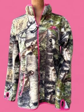 Women's Small Soft Fleece Mossy Oak Pink Camo Full Zip Hunting Outdoor Jacket